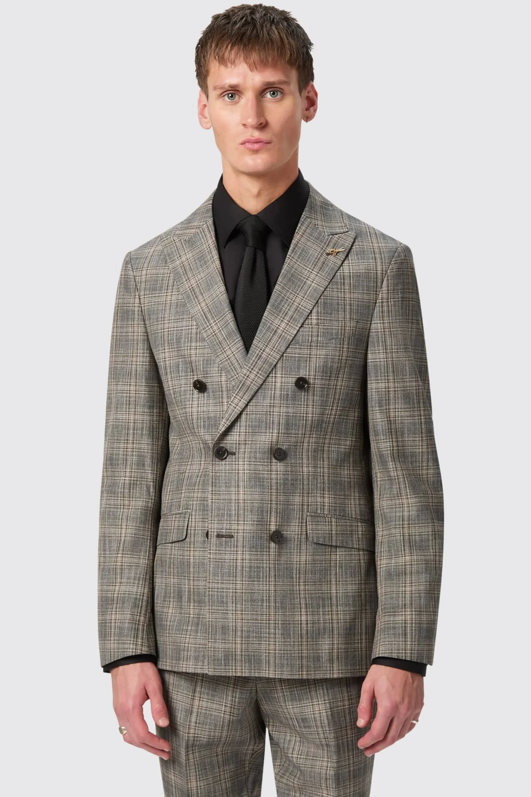 Style·Check Suits|Style·Double Breasted Suits|Twisted Tailor Plunkett Slim Fit Grey Check Double Breasted Suit