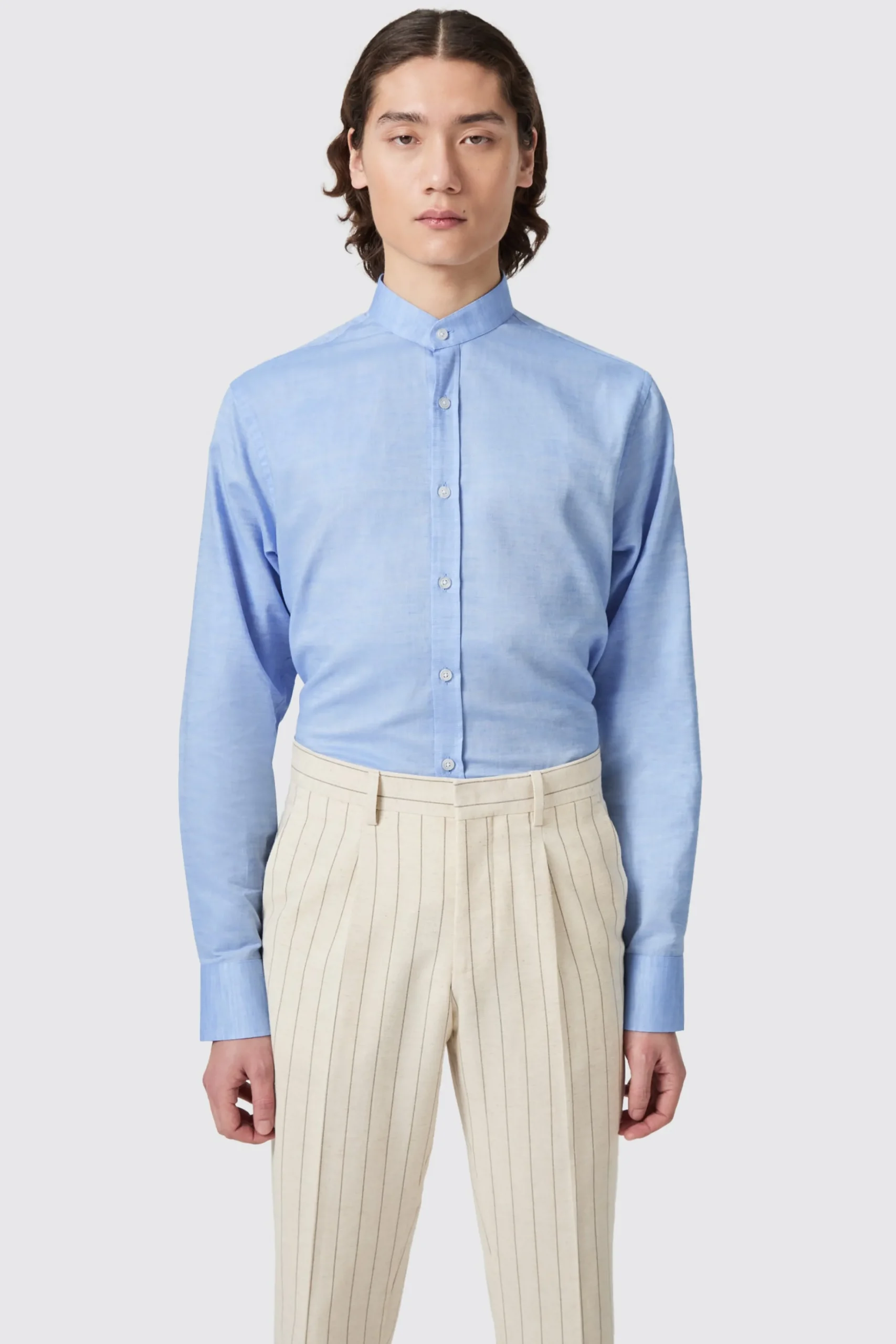 Style·Premium Shirts|Style·Everyday Essentials|Twisted Tailor Saunders Slim Fit Grandad Collar Blue Linen Shirt