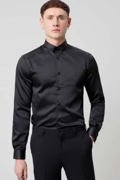 Style·Plain Shirts|Occasion·Casual Shirts|Twisted Tailor Slinky Slim Fit Black Sateen Shirt