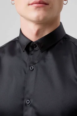 Style·Plain Shirts|Occasion·Casual Shirts|Twisted Tailor Slinky Slim Fit Black Sateen Shirt
