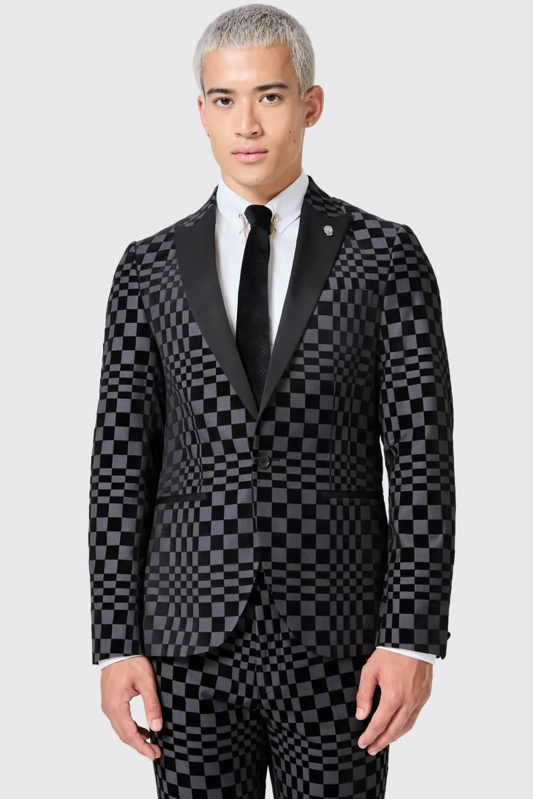 Style·2 Piece Suits|Style·Bold Prints|Twisted Tailor Tiber Skinny Fit Grey Check Tuxedo Suit