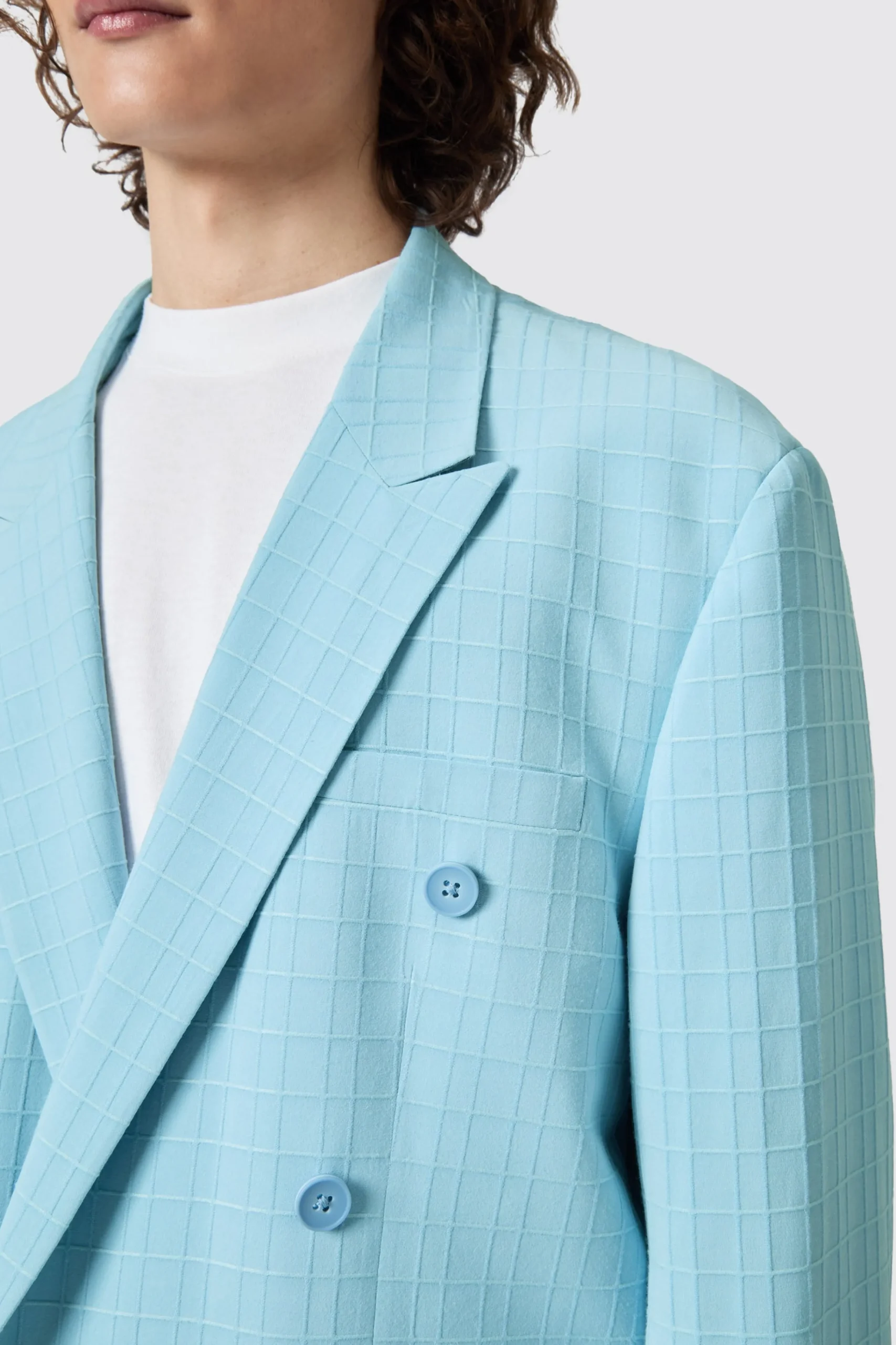 Unisex|Twisted Tailor Zidan Oversized Blue Jacquard Double Breasted Jacket